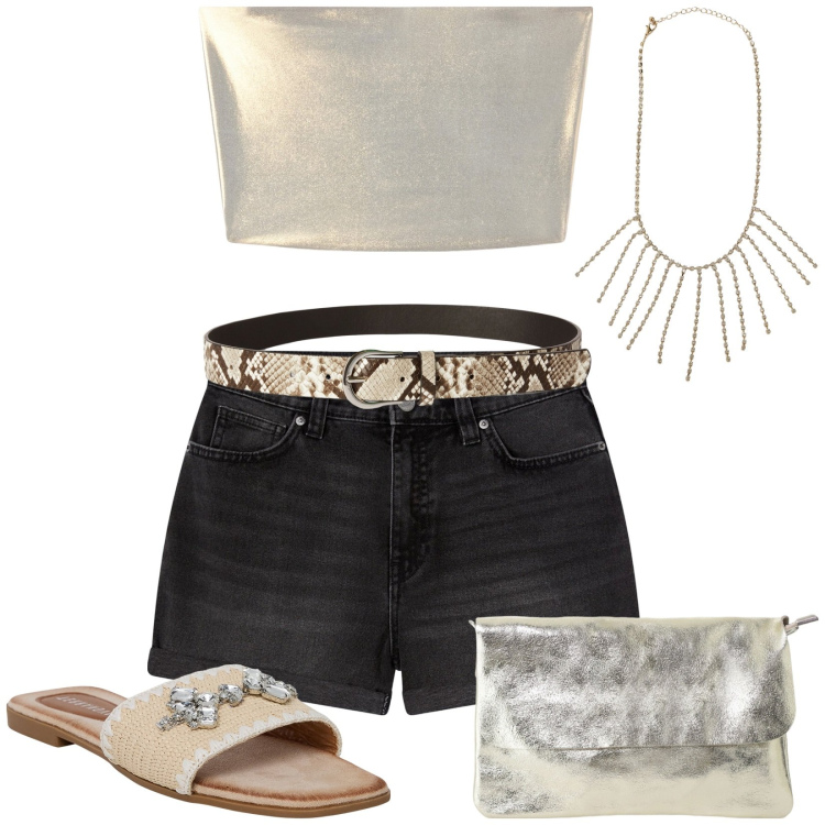 Outfit donna - Total look #2204337. Stile Sexy per Serata fuori. Abbinamento con top, shorts, ciabatte, cinture, collane, borse a tracolla.