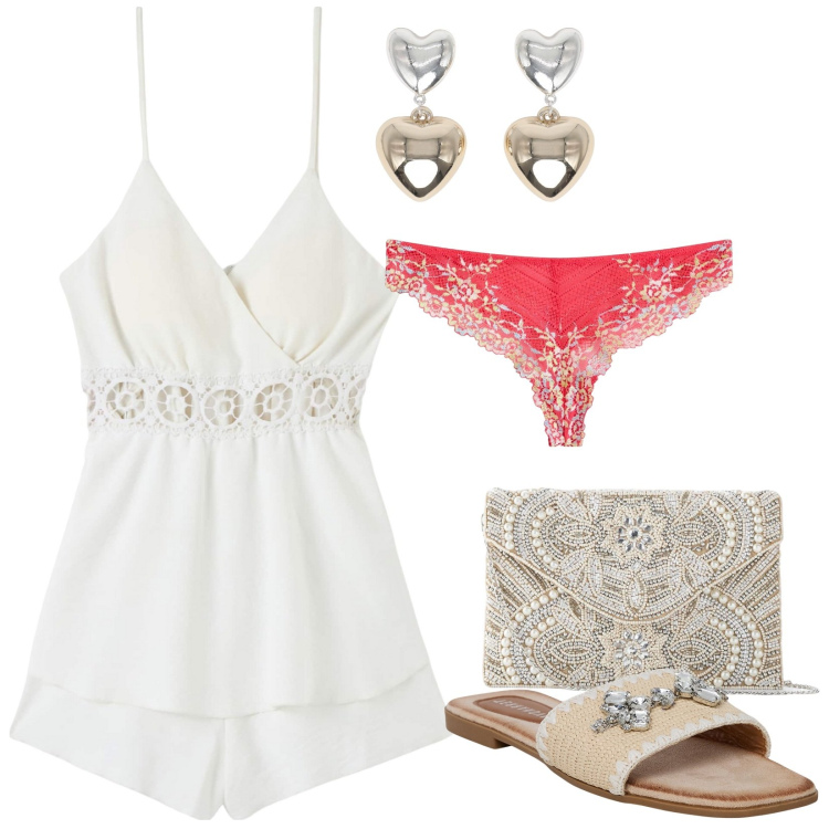 Outfit donna - Abbronzatissima. Stile Sexy per Tutti i giorni. Abbinamento con pochette, perizomi, ciabatte, orecchini, tuta corta.