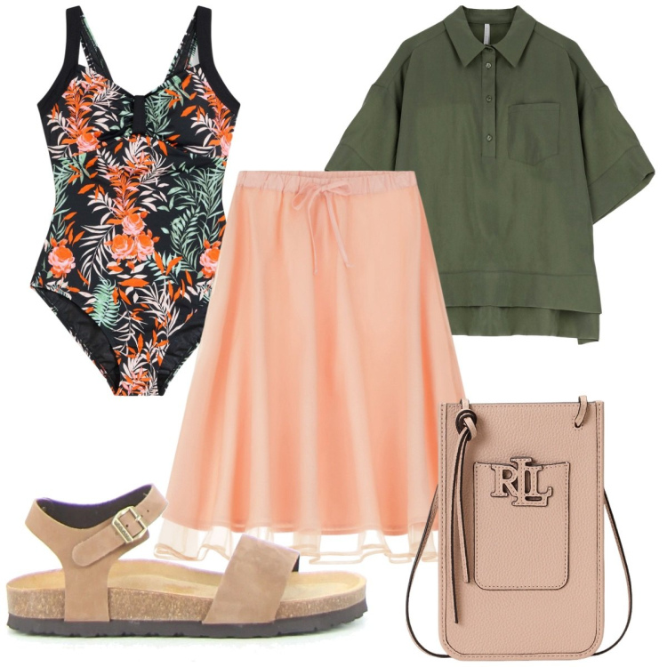 Outfit donna - Il costume intero: e sei subito trendy. Stile Trendy per Mare. Abbinamento con costumi interi, camicie a manica corta, gonne longuette, borse a tracolla, sandali.