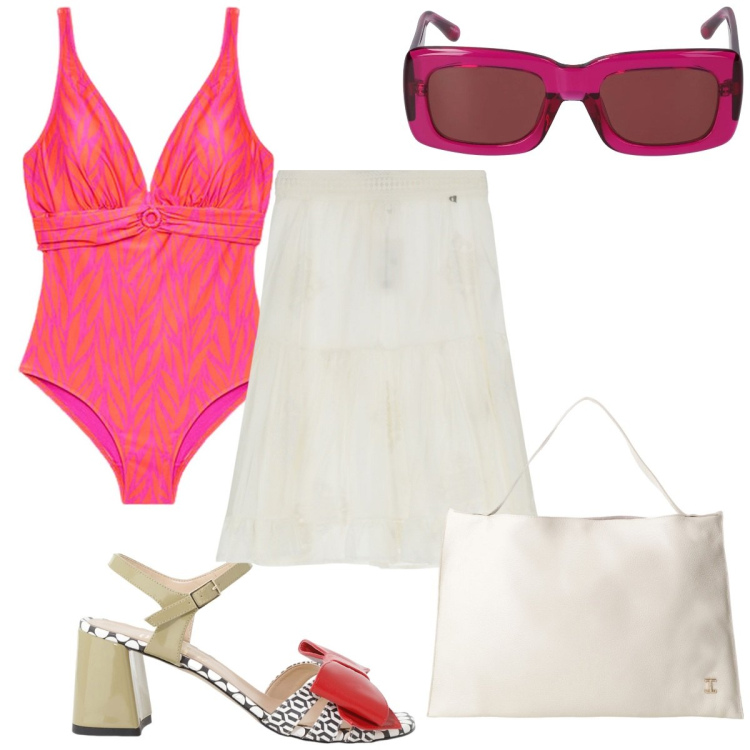 Outfit donna - Il costume intero : trendy in spiaggia. Stile Trendy per Mare. Abbinamento con borse a spalla, gonne, sandali col tacco, bikini, occhiali da sole.
