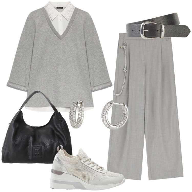 Outfit donna - Capi in saldo per il prossimo autunno. Stile Urban per Ufficio. Abbinamento con sneakers, cinture, orecchini, pantaloni, pochette, felpe.