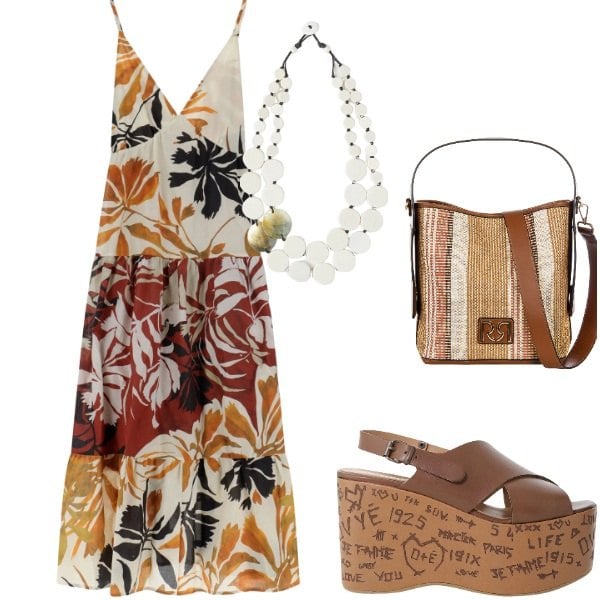 Outfit donna - Outifit di luglio. Stile Casual per Tutti i giorni. Abbinamento con borse a secchiello, vestiti lunghi, zeppe, ciondoli.