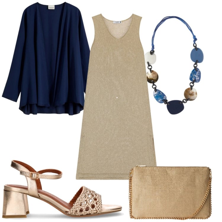 Outfit donna - Blu & sabbia : in città. Stile Minimal per Tutti i giorni. Abbinamento con blazer, borse a tracolla, vestiti midi/longuette, sandali col tacco, collane.