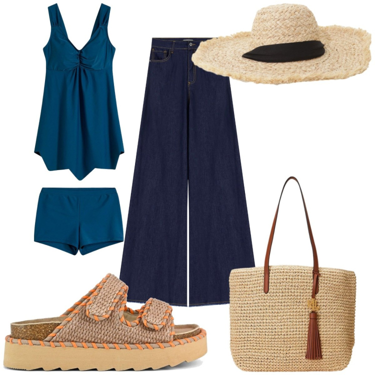 Outfit donna - Blu & sabbia : in vacanza. Stile Trendy per Mare. Abbinamento con costumi interi, cappelli, jeans a zampa, borse tote, sandali.