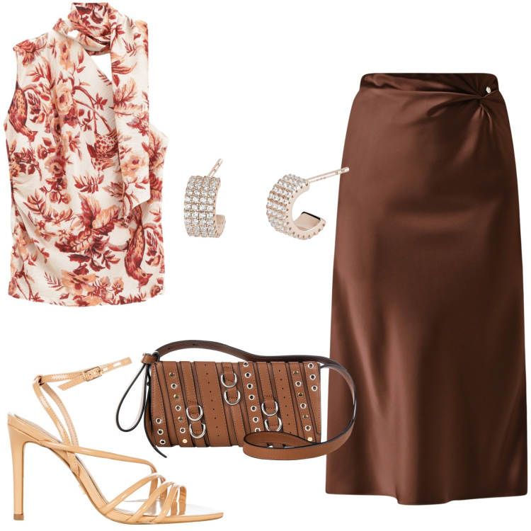 Outfit donna - Total look #2204355. Stile Chic per Tutti i giorni. Abbinamento con orecchini, gonne longuette, borse a spalla, sandali col tacco, top.