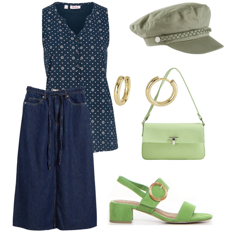 Outfit donna - Outfit monocromatico in città. per Tutti i giorni. Abbinamento con top, cappelli, gonne longuette, borse a spalla, orecchini, sandali col tacco.