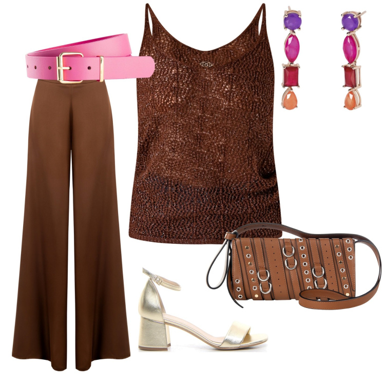 Outfit donna - Outfit monocromatico serata estiva. per Serata fuori. Abbinamento con cinture, orecchini, borse a spalla, top, pantaloni a palazzo, sandali col tacco.