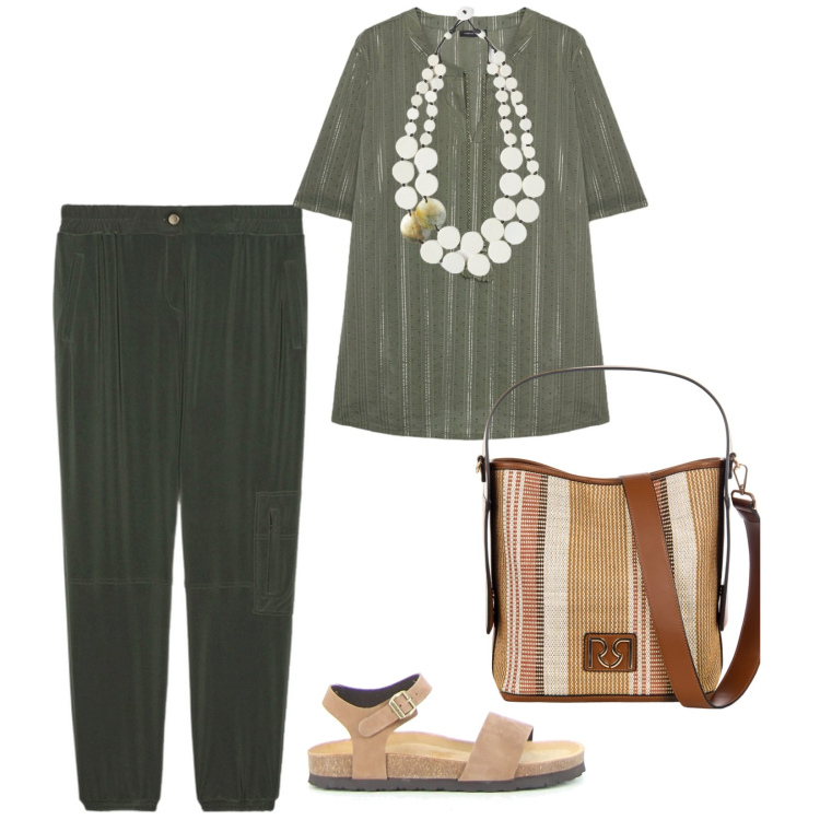 Outfit donna - Outfit monocromatico. per Tutti i giorni. Abbinamento con borse a secchiello, bluse, sandali, pantaloni cargo, ciondoli.