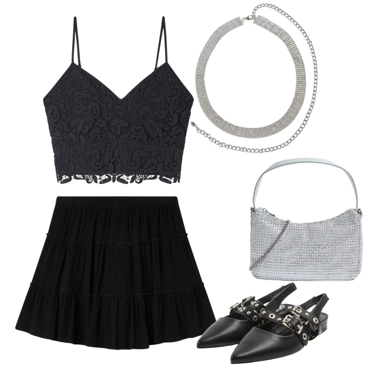 Outfit donna - Total black con dettagli silver. Stile Chic per Serata fuori. Abbinamento con minigonne, top, cinture, sabot, borse a tracolla.