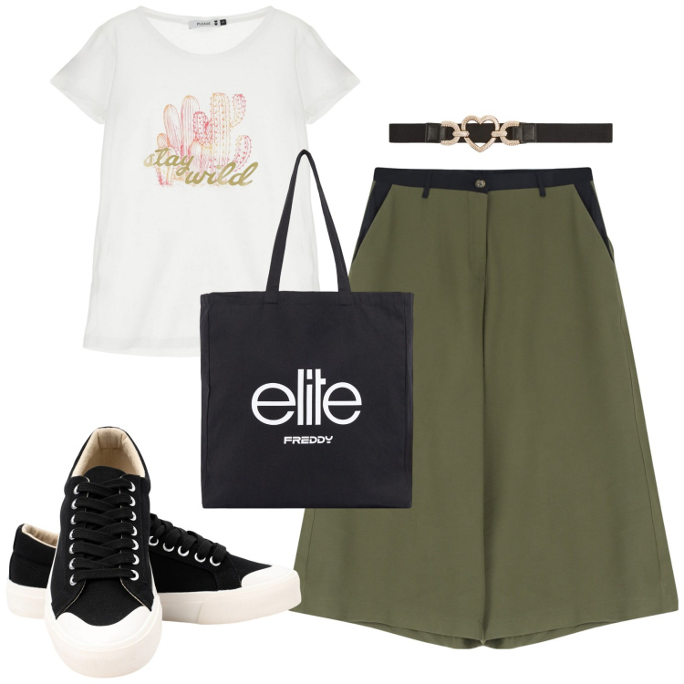 Outfit donna - Luglio. Stile Urban per Tutti i giorni. Abbinamento con cinture, t-shirt, pantaloni, shopping bag, sneakers.