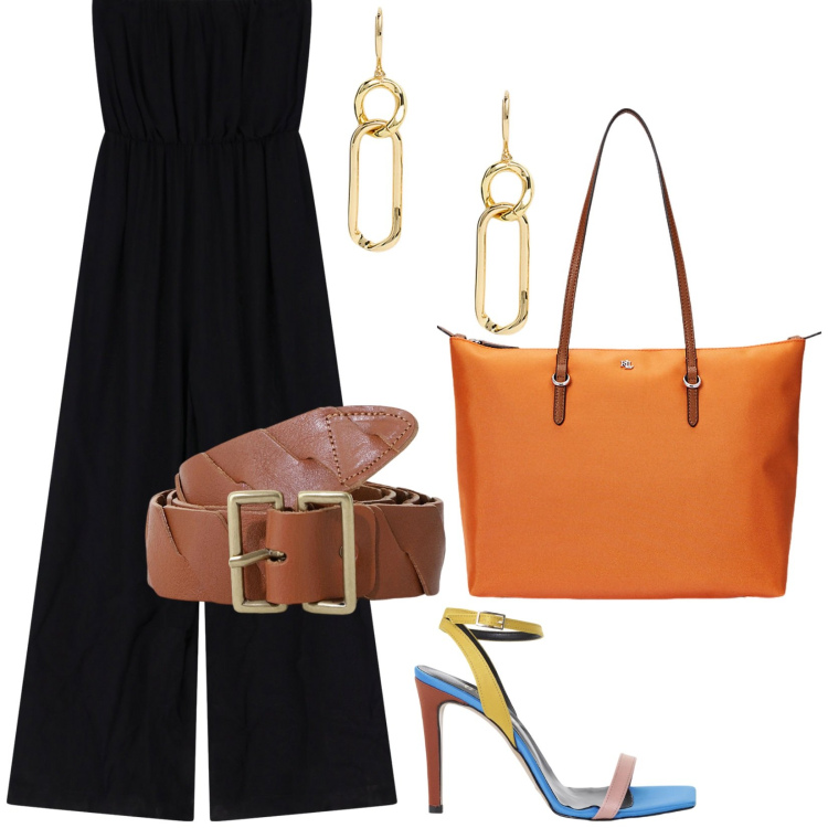 Outfit donna - Tuta musthave. Stile Trendy per Tutti i giorni. Abbinamento con tute, sandali col tacco, cinture, borse tote, orecchini.