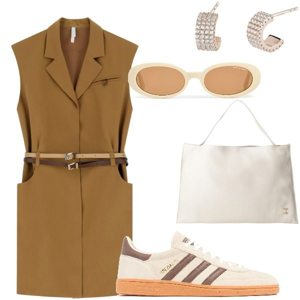 Outfit donna - Outifit di luglio. Stile Casual per Tutti i giorni. Abbinamento con orecchini, vestiti corti, borse a spalla, sneakers, occhiali da sole.
