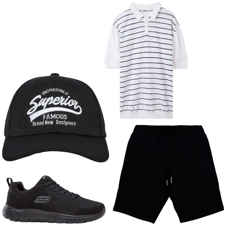 Outfit uomo - Bianco e nero. Stile Casual per Tutti i giorni. Abbinamento con sneakers, cappelli con visiera, polo, pantaloni corti.