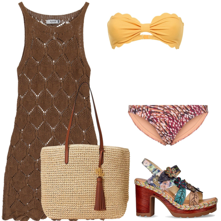 Outfit donna - Il costume colorato. Stile Sexy per Mare. Abbinamento con vestiti corti, borse tote, bikini, sandali col tacco, bikini.