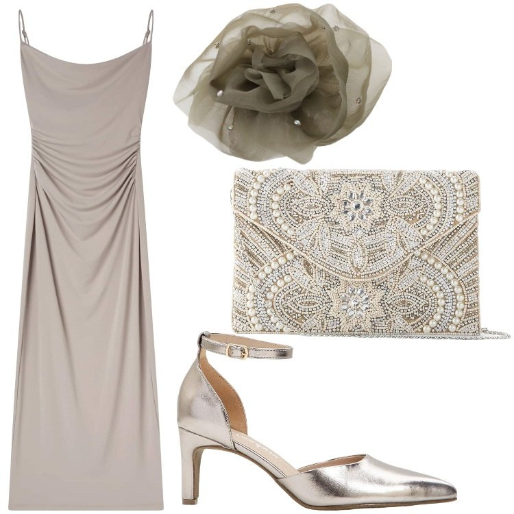 Outfit donna - Stilosa. Stile Chic per Cerimonia. Abbinamento con pochette, décolleté, vestiti lunghi, foulard.