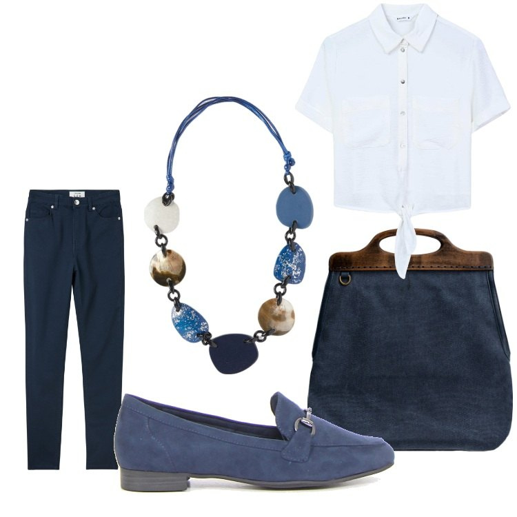 Outfit donna - Buongiorno. Stile Casual chic per Ufficio. Abbinamento con pantaloni skinny, camicie a manica corta, mocassini, borse a tracolla, collane.