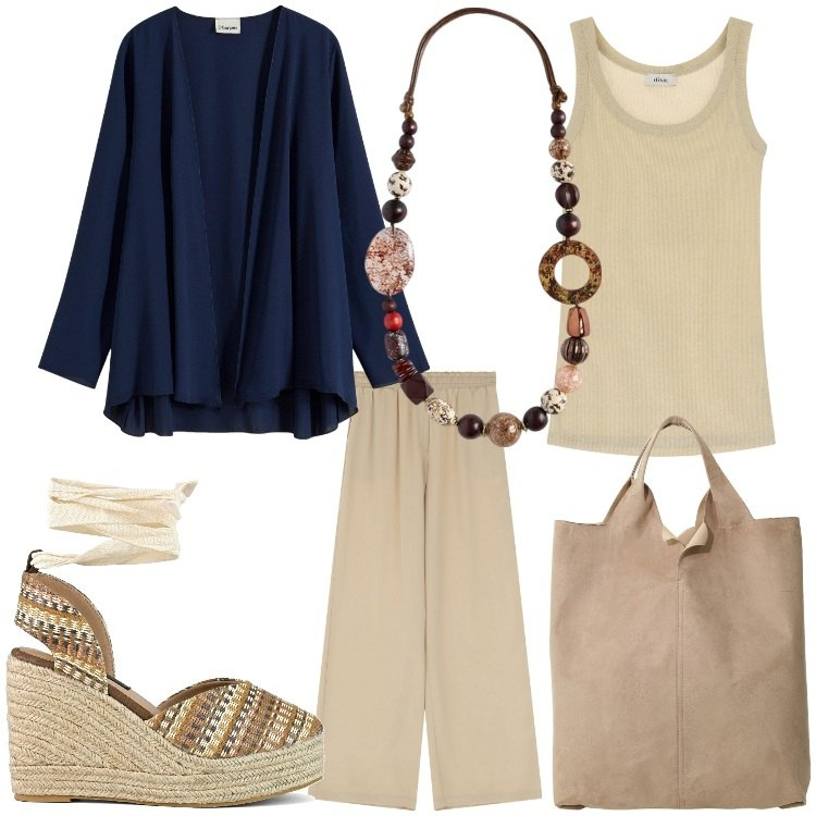 Outfit donna - Blu e sabbia. Stile Chic per Ufficio. Abbinamento con blazer, pantaloni a palazzo, shopping bag, canottiere, zeppe, collane.