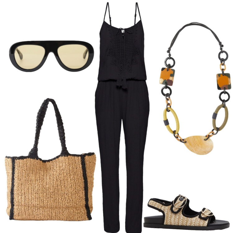 Outfit donna - In vacanza. Stile Casual per Tutti i giorni. Abbinamento con tute, sandali, shopping bag, occhiali da sole, collane.