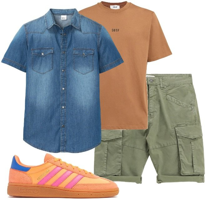 Outfit uomo - Un tocco di arancione. Stile Casual per Tutti i giorni. Abbinamento con camicie a manica corta, bermuda, sneakers, t-shirt.