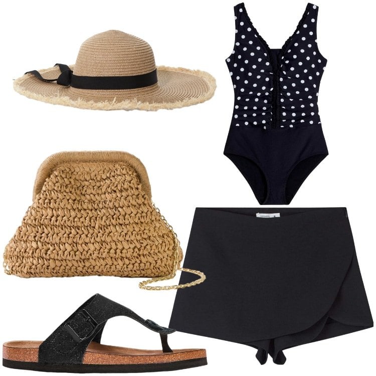 Outfit donna - Diva. Stile Casual per Mare. Abbinamento con costumi interi, infradito, borse a tracolla, minigonne, cappelli.