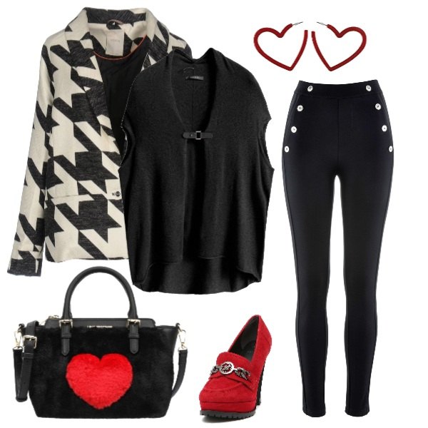 Outfit donna - Love, love, love. per Serata fuori. Abbinamento con leggings, giacca pied de poule collo con revers a maniche lunghe interno foderato con tasche, décolleté, cardigan nero, ecopelliccia con zip interno foderato con tracolla regolabile oro, orecchini a perno con cuore.