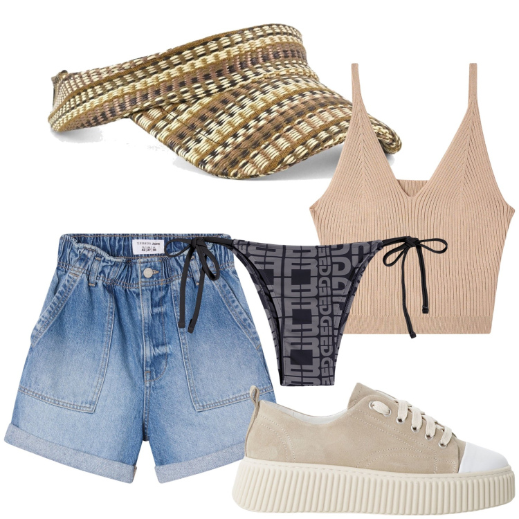 Outfit donna - Sotto questo sole. Stile Trendy per Mare. Abbinamento con shorts, top, sneakers, bikini, cappelli con visiera.