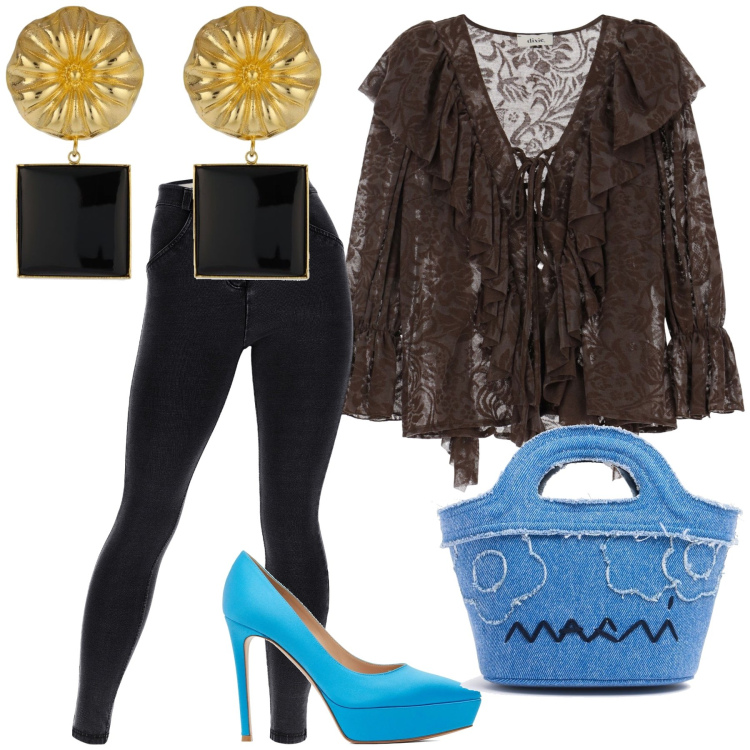 Outfit donna - Estroso e griffato look. Stile Trendy per Serata fuori. Abbinamento con jeggings, camicie, orecchini, décolleté, borse a mano.