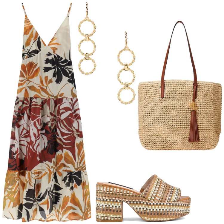 Outfit donna - Please Summer sales. Stile Boho per Serata fuori. Abbinamento con vestiti lunghi, borse tote, orecchini, zeppe.