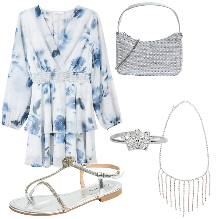 Outfit donna - Festa in piscina. Stile Bon Ton per Serata fuori. Abbinamento con vestiti, collane, ciabatte, borse a tracolla, anelli.