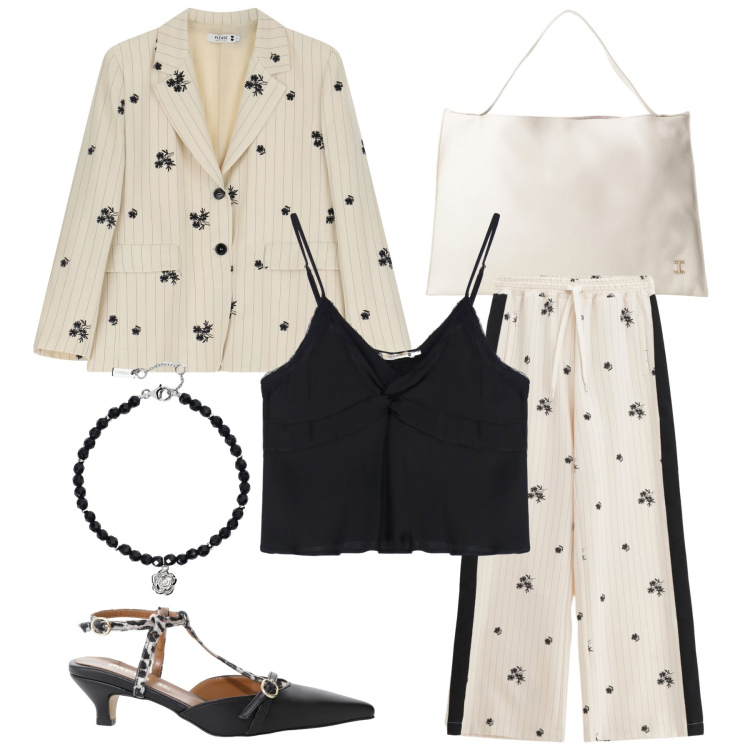 Outfit donna - Freschi contrasti. Stile Chic per Serata fuori. Abbinamento con braccialetti, blazer, pantaloni, top, décolleté, borse a spalla.