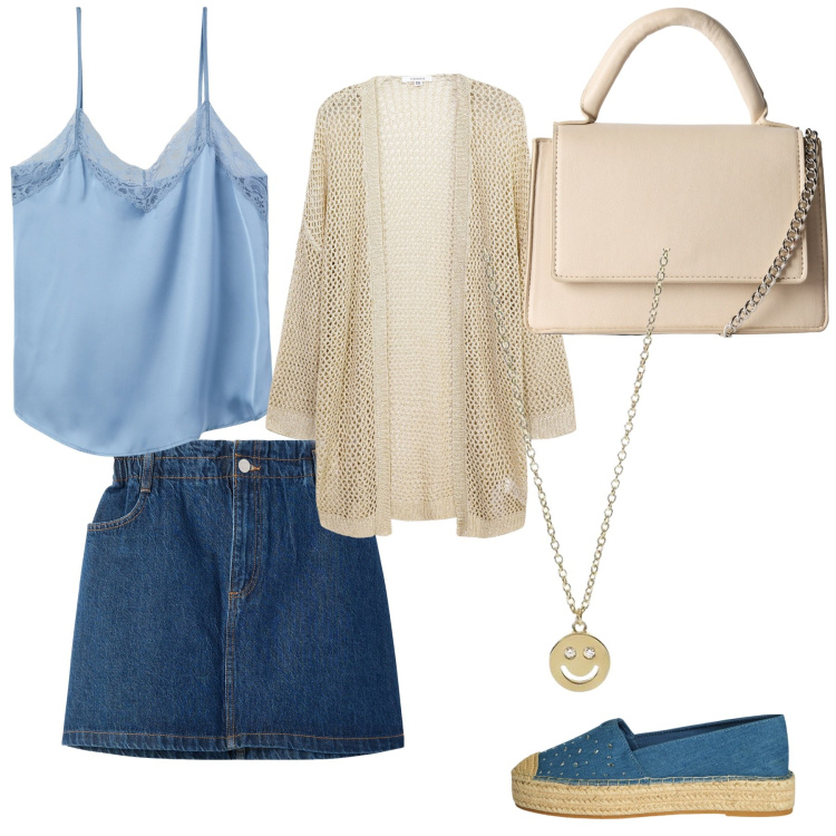 Outfit donna - Festa di paese. Stile Minimal per Serata fuori. Abbinamento con minigonne, espadrillas, borse a tracolla, kimono, top, collane.