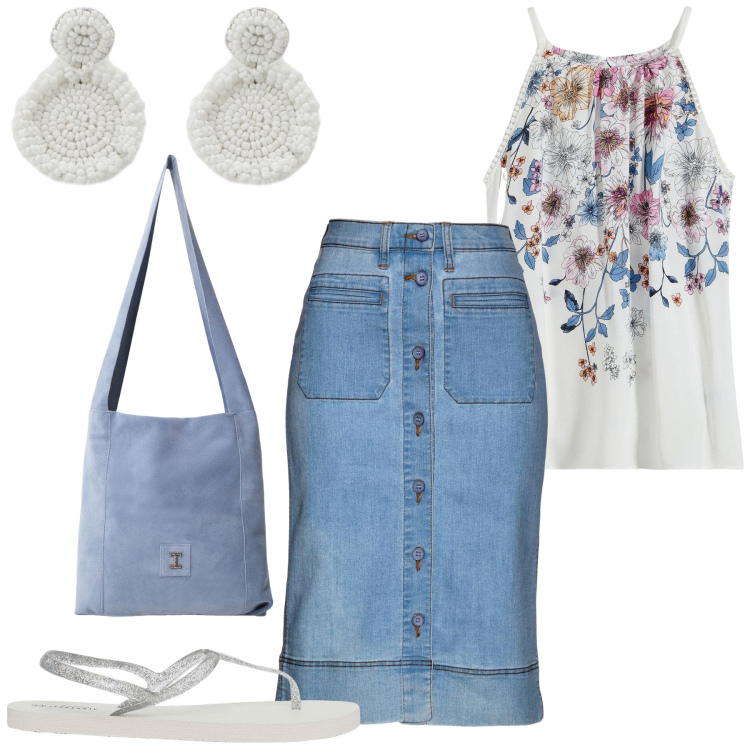 Outfit donna - Summer style. Stile Casual per Tutti i giorni. Abbinamento con gonne, top, sandali, borse a tracolla, orecchini.
