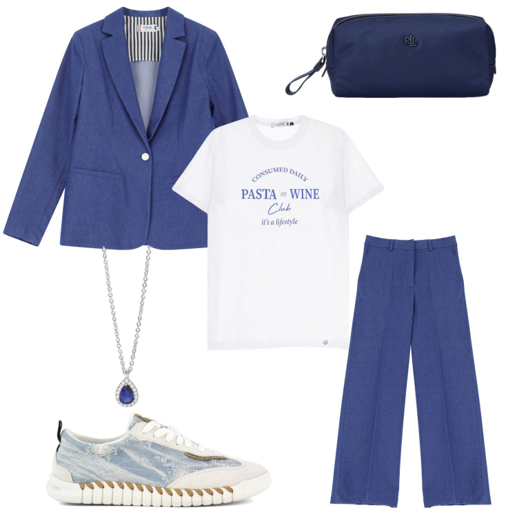 Outfit donna - Bianco e blu. Stile Casual chic per Ufficio. Abbinamento con collane, pantaloni a palazzo, t-shirt, blazer, pochette, sneakers.