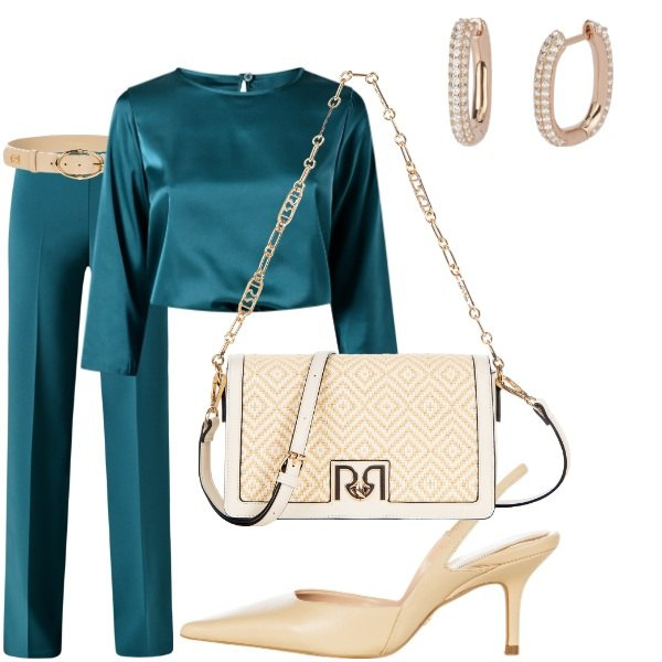 Outfit donna - classico. Stile Chic per Serata fuori. Abbinamento con borse a tracolla, bluse, pantaloni a palazzo, décolleté, cinture, orecchini.