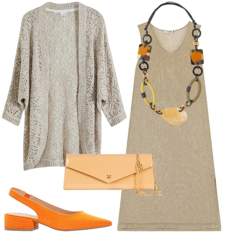 Outfit donna - Sabbia e arancio. Stile Casual chic per Serata fuori. Abbinamento con décolleté, cardigans, pochette, vestiti midi/longuette, collane.