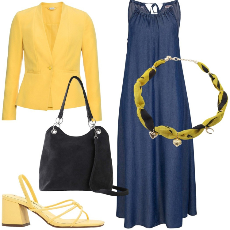 Outfit donna - Il vestito denim abbinato al giallo. Stile Casual chic per Ufficio. Abbinamento con vestiti, sandali col tacco, blazer, borse a mano, foulard.