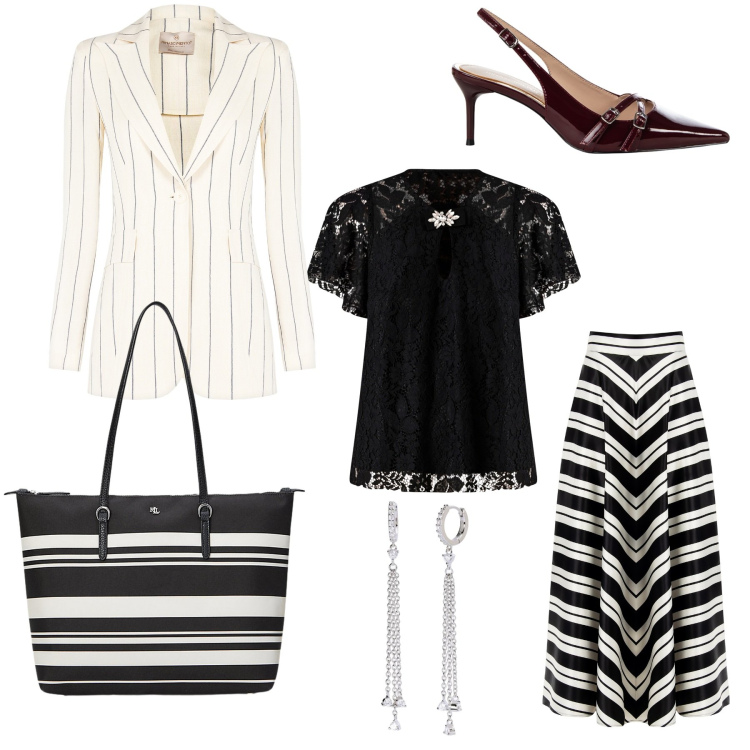 Outfit donna - Intramontabile bianco e nero. Stile Trendy per Ufficio. Abbinamento con orecchini, décolleté, gonne, bluse, blazer, borse tote.