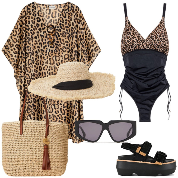 Outfit donna - Total look #2204474. Stile Trendy per Mare. Abbinamento con vestiti da spiaggia, cappelli, borse tote, costumi interi, sandali col tacco, occhiali da sole.