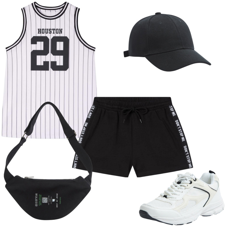 Outfit donna - Terranova sport. Stile Sporty chic per Sport. Abbinamento con pantaloncini sportivi, marsupi, cappelli, sneakers, top sportivi.