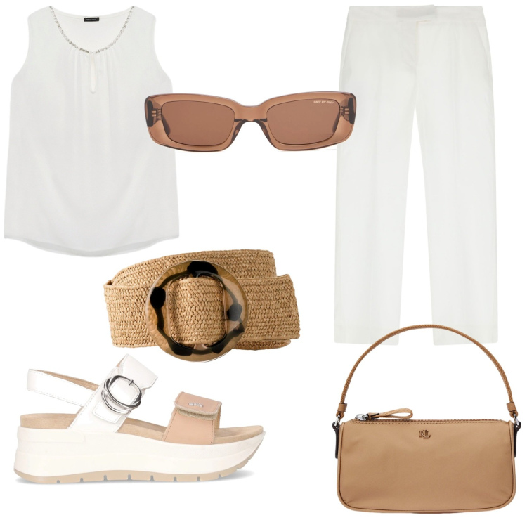 Outfit donna - Bianco e\' glam. Stile Glamour per Tutti i giorni. Abbinamento con cinture, pantaloni, pochette, top, sandali, occhiali da sole.