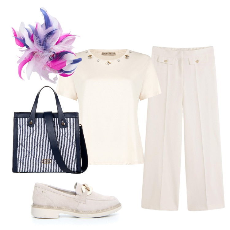 Outfit donna - Apericena con i colleghi. Stile Glamour per Tutti i giorni. Abbinamento con pantaloni, t-shirt, shopping bag, mocassini, accessori per capelli.