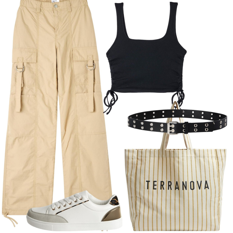 Outfit donna - Sporty chic Terranova. Stile Sporty chic per Tutti i giorni. Abbinamento con pantaloni cargo, sneakers, canottiere, cinture, borse tote.