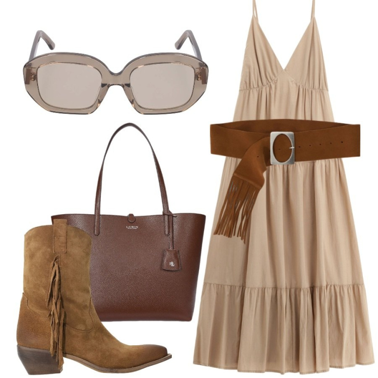 Outfit donna - Accessori in primo piano. Stile Boho per Tutti i giorni. Abbinamento con vestiti lunghi, cinture, stivali, borse tote, occhiali da sole.