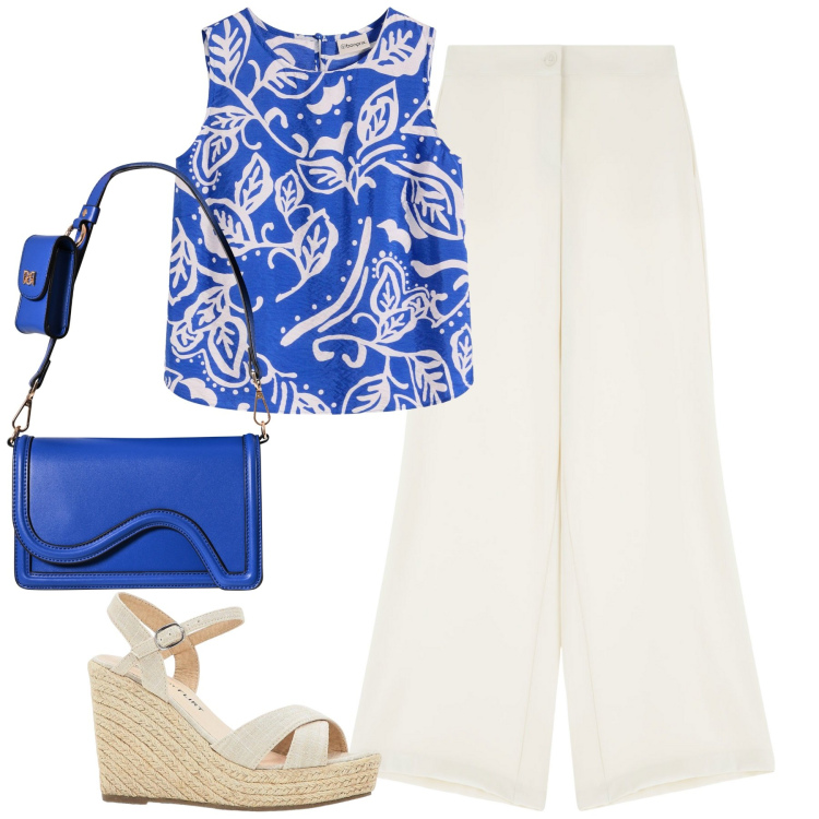 Outfit donna - Luglio. Stile Urban per Tutti i giorni. Abbinamento con top, sandali, pochette, pantaloni.