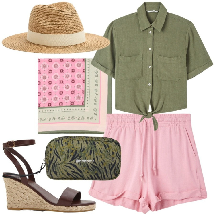Outfit donna - Accessori in primo piano. Stile Casual per Tutti i giorni. Abbinamento con sandali, shorts, cappelli, camicie a manica corta, foulard, valigie.