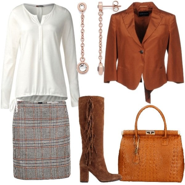Outfit donna - Colori della terra. Stile Trendy per Tutti i giorni. Abbinamento con blazer, stivali effetto scamosciato con tacco squadrato e punta tonda tinta unita, gonna multicolore e grigio e blu, borsa a mano made italy con zip e tracolla regolabile, t-shirt bianco, bracciale.