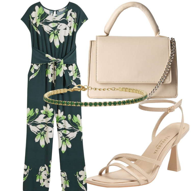 Outfit donna - Total look #2204503. Stile Casual chic per Tutti i giorni. Abbinamento con tute, borse a tracolla, sandali col tacco, braccialetti.