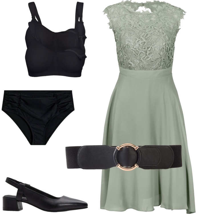 Outfit donna - Abito verde pepe. Stile Bon Ton per Serata fuori. Abbinamento con vestiti corti, reggiseni, cinture, culotte, décolleté.