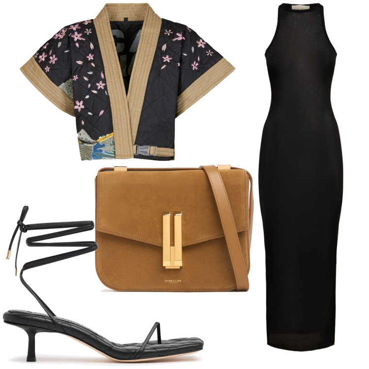 Outfit donna - Total look #2204510. Stile Glamour per Serata fuori. Abbinamento con kimono, vestiti midi/longuette, sandali in pelle, borse a spalla.