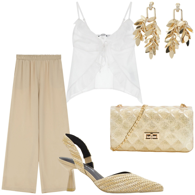 Outfit donna - Total look #2204523. Stile Glamour per Serata fuori. Abbinamento con décolleté, borse a tracolla, top, pantaloni a palazzo, orecchini.